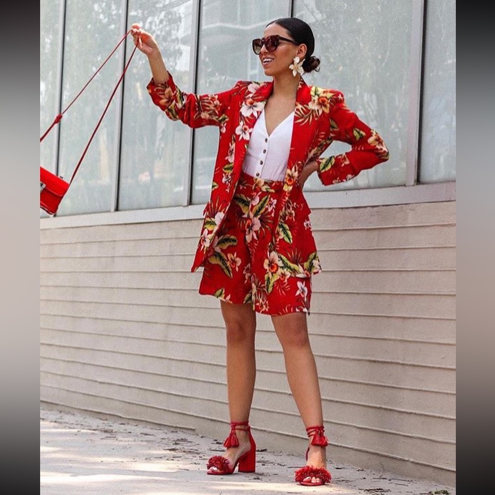 Zara Satin Floral Hawaiian Print Blazer Red/Green SIZE XS NEW